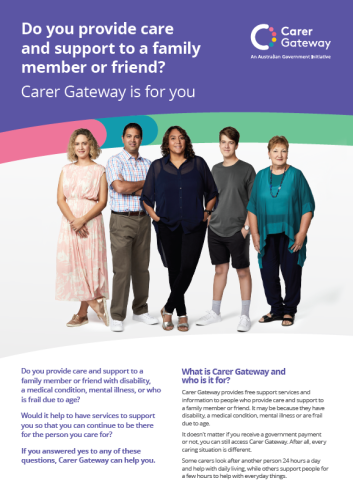 the product image of An A4 factsheet that explains Carer Gateway and how it can help carers.